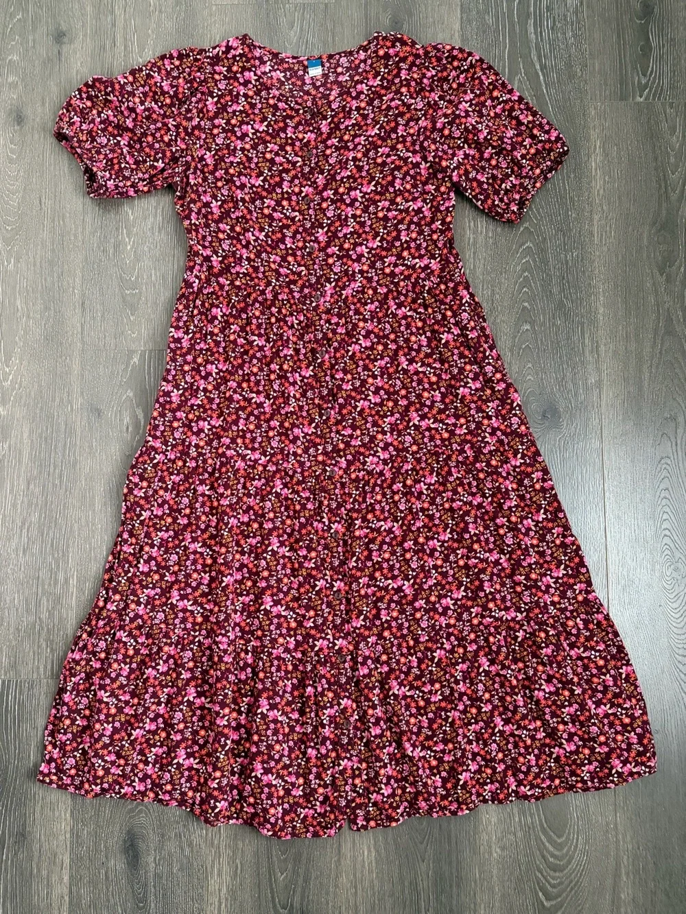Old Navy Burgundy and Pink Floral Puff-Sleeve Maxi Dress Cottagecore Size Small - Picture 2 of 7